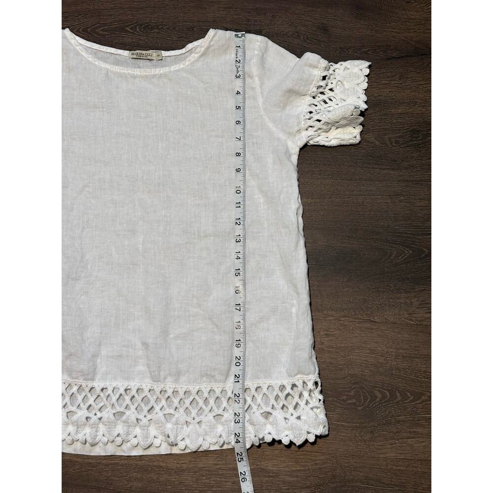 Marina Gigli Top Small White Linen Lace Trim Blouse Lagenlook Beach Resort - Picture 5 of 8